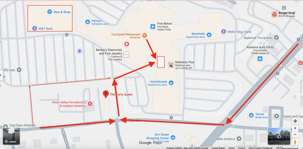 Map of the Old Saybrook Shopping Center showing the route from Elm Street to The Courtyard Restaurant — right-hand corner behind HomeGoods, by the flag pole.